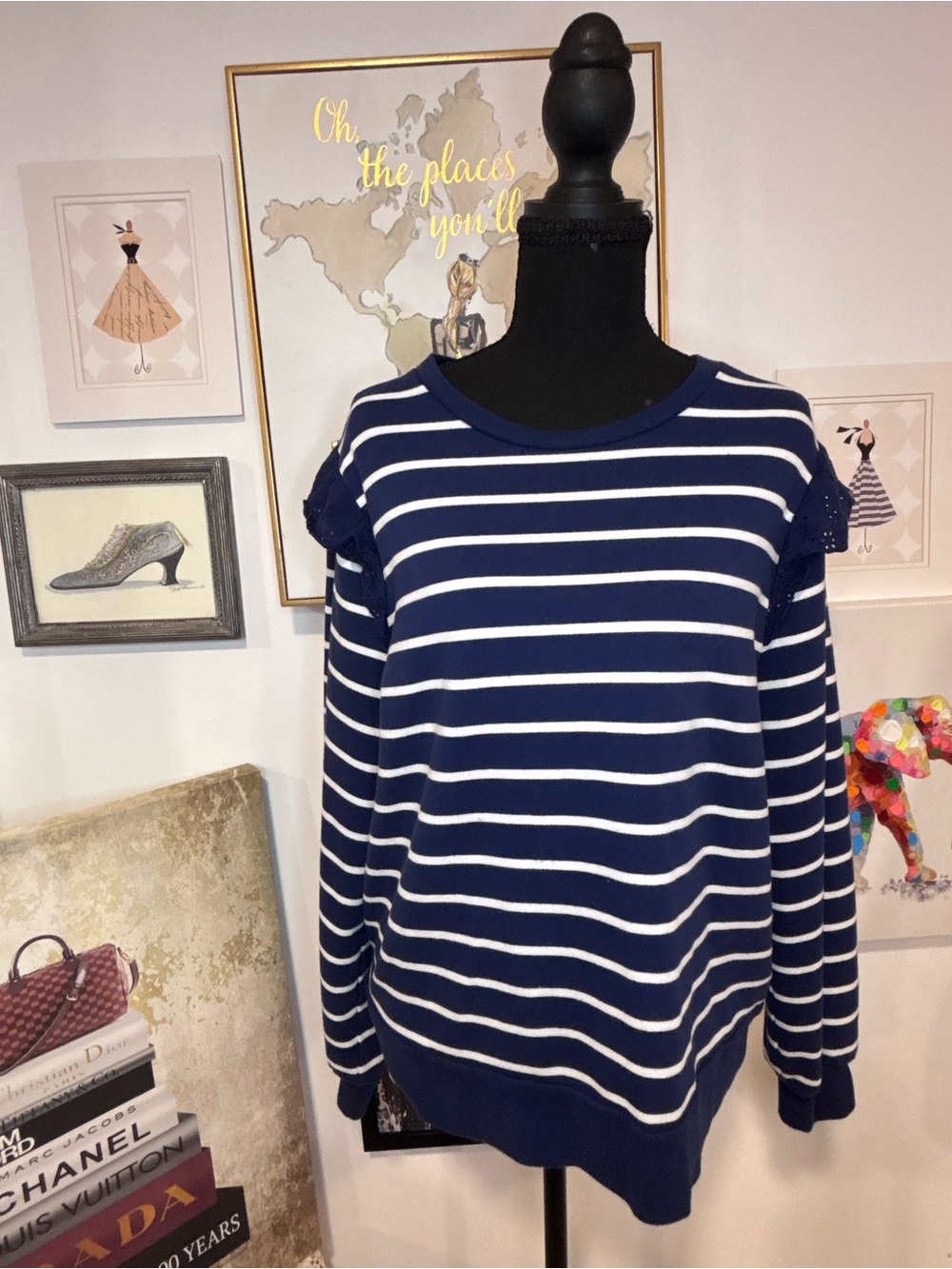 J. Crew Navy and White Striped Ruffle Shoulder Sweater
